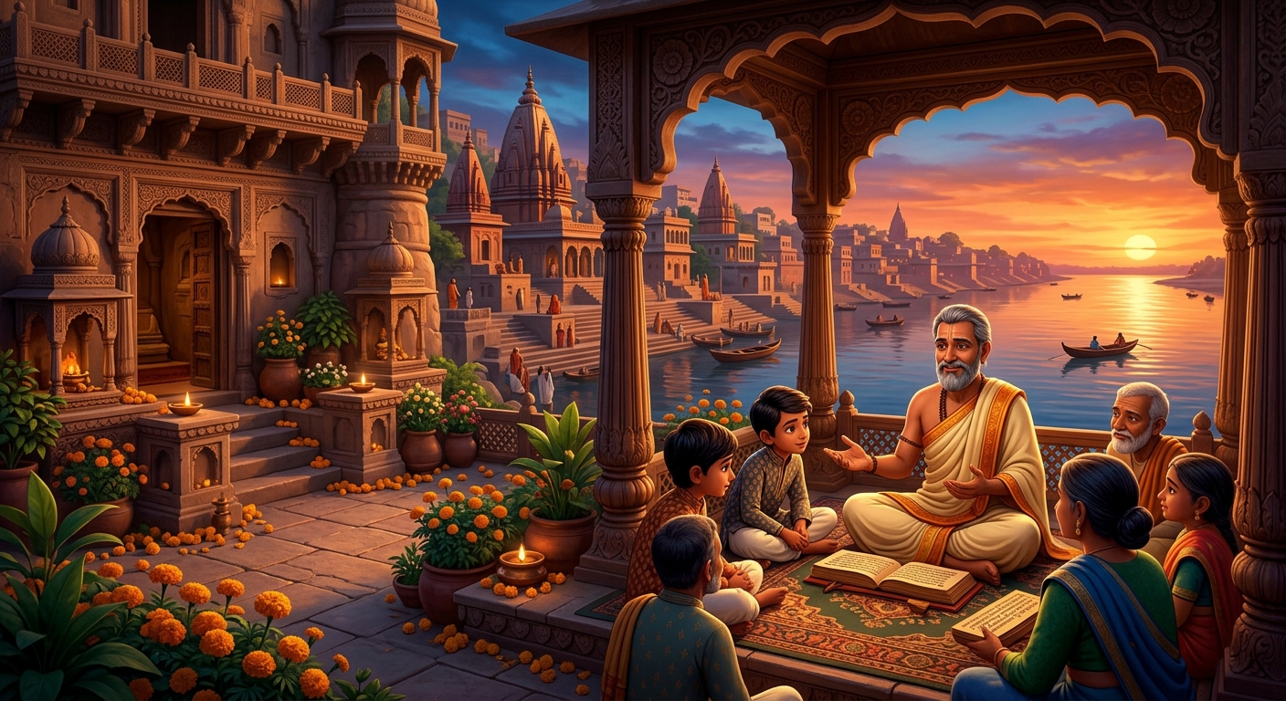 Pious scholar Keshava teaching Vedic scriptures in his beautiful courtyard in Brahmashthala
