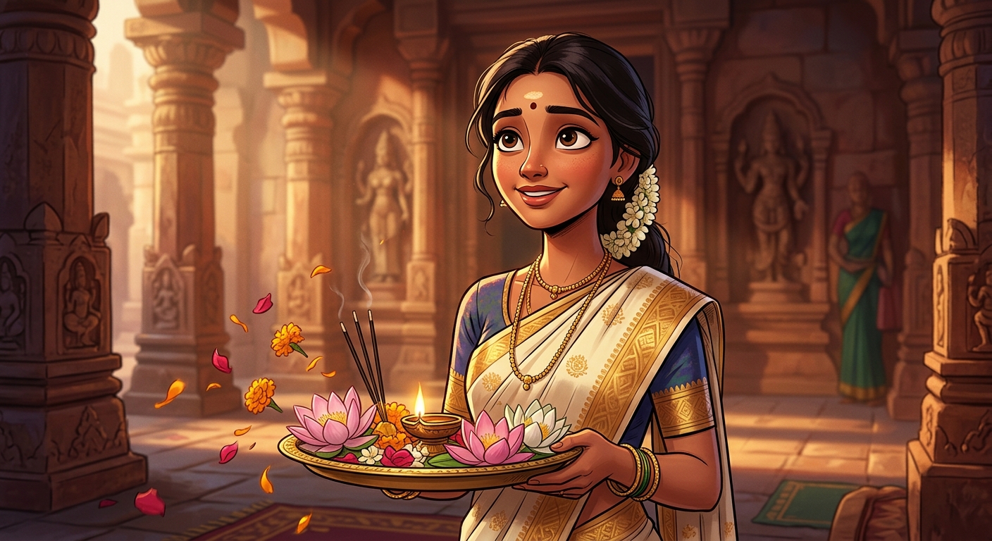 Portrait of Mandaravati carrying a brass puja thali with fresh lotus flowers