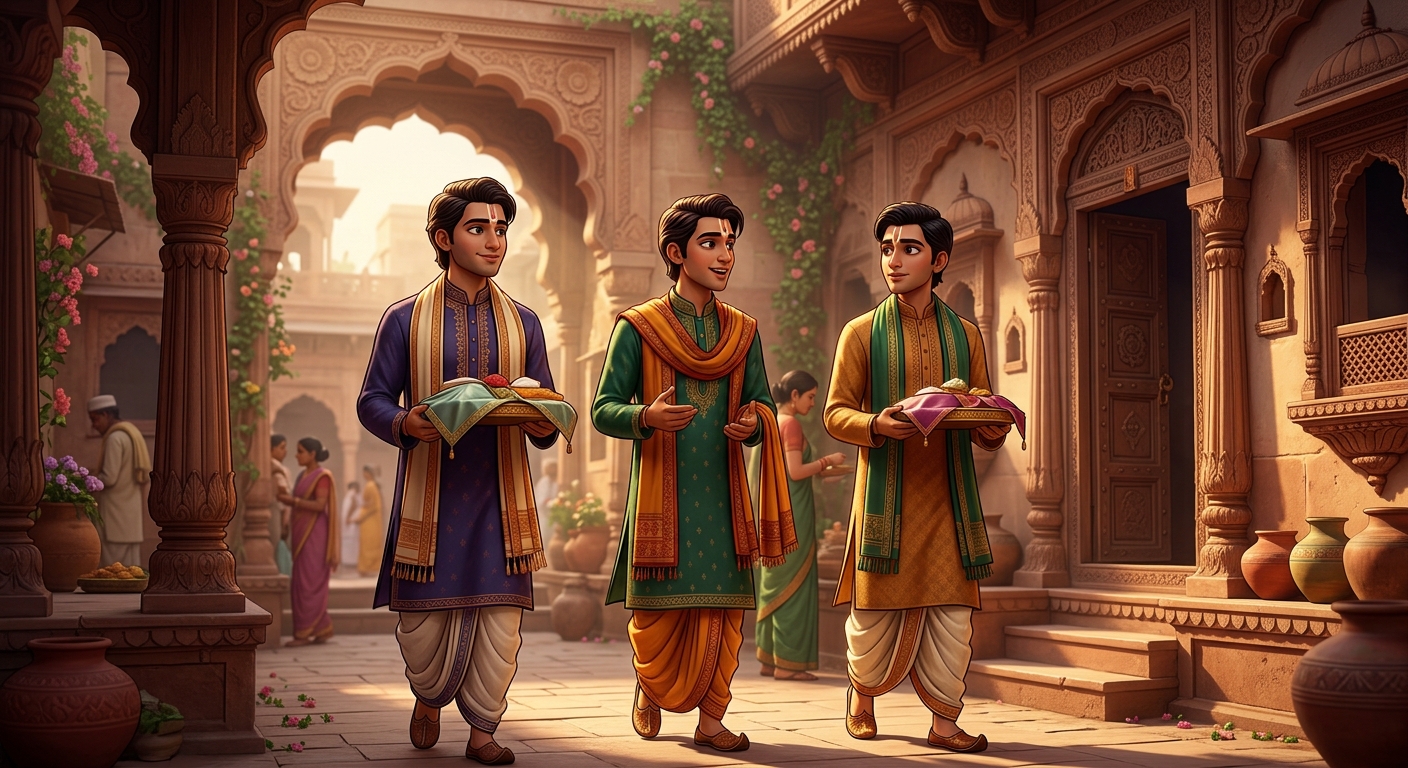 Three handsome noble Brahmin scholars arriving simultaneously at Keshava's home