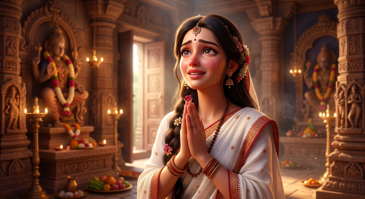 Chandrakanta in pure white linen hands folded with heartfelt devotion