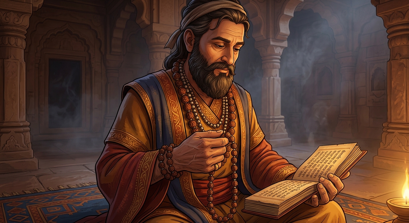 Somadatta holding sacred rudraksha beads and holy scriptures