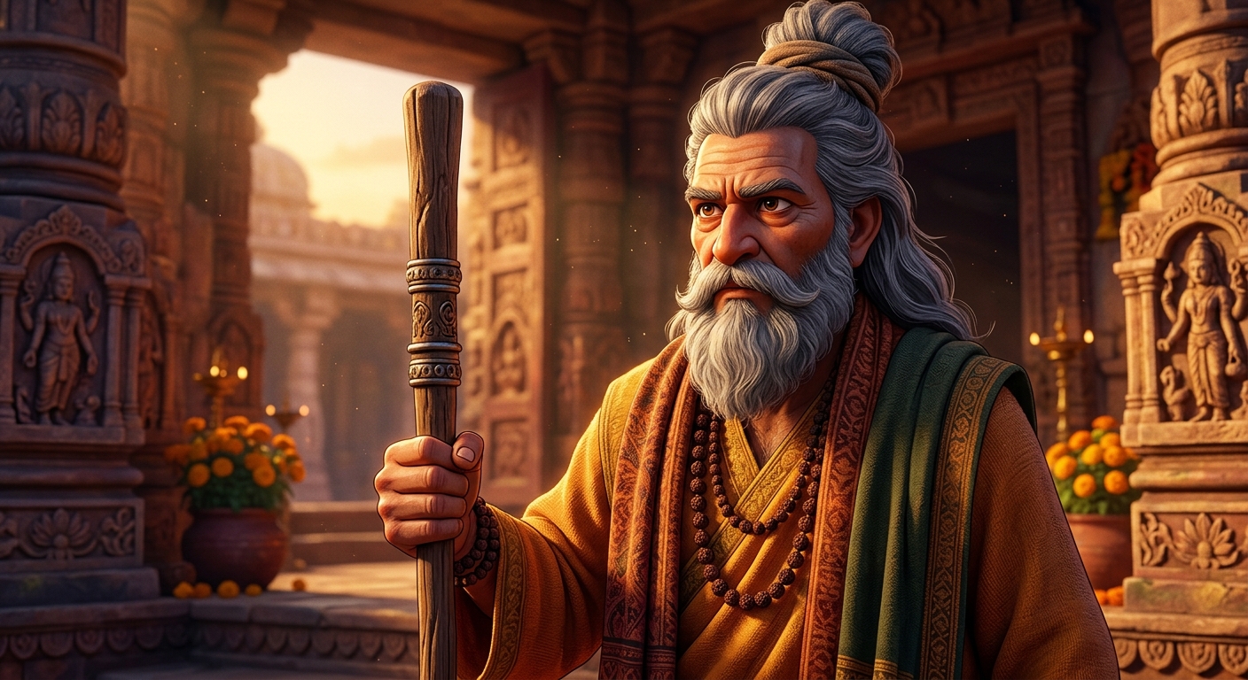 Hariswami with determined fearless eyes holding a seeker's walking staff