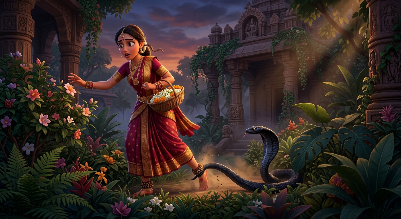 A deadly black cobra striking Mandaravati's ankle in the twilight garden
