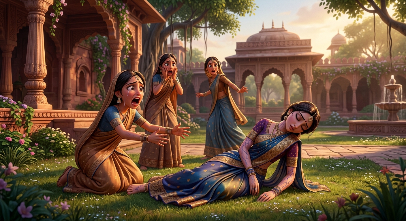 Mandaravati collapsing unconscious onto the grass as maidens scream in terror