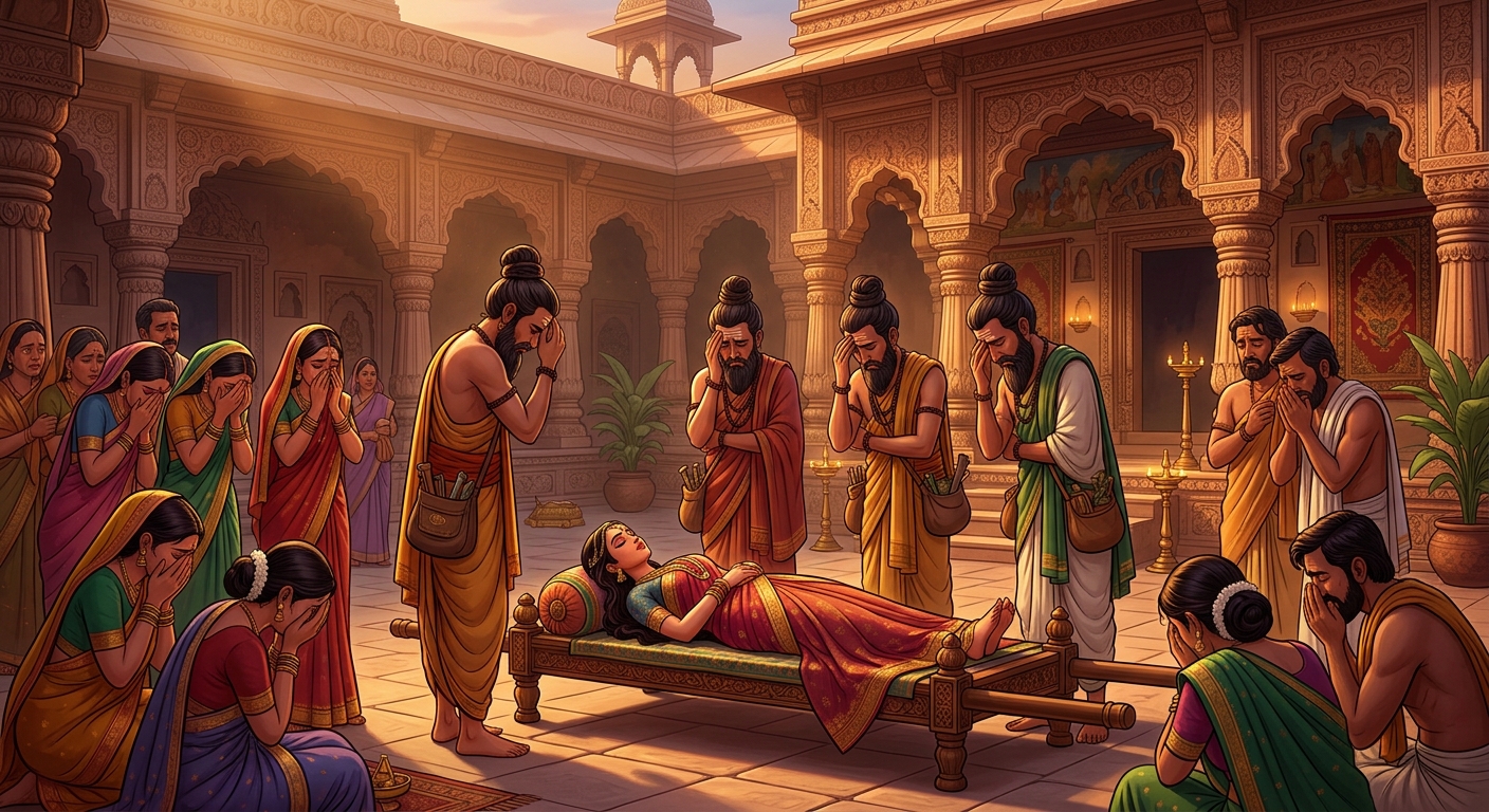 Tantric healers and physicians shaking their heads in despair declaring Mandaravati dead