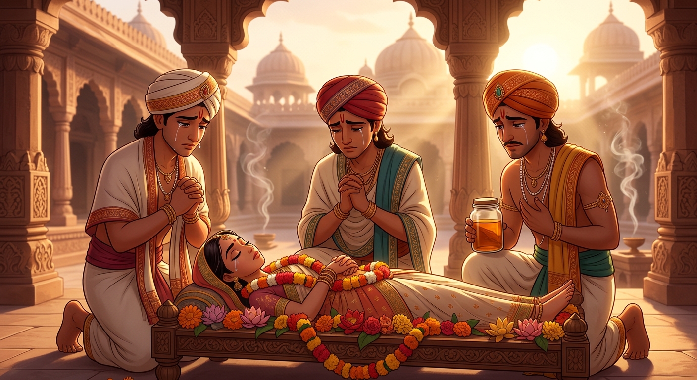 The three suitors weeping over Mandaravati's body refusing to burn her on a pyre