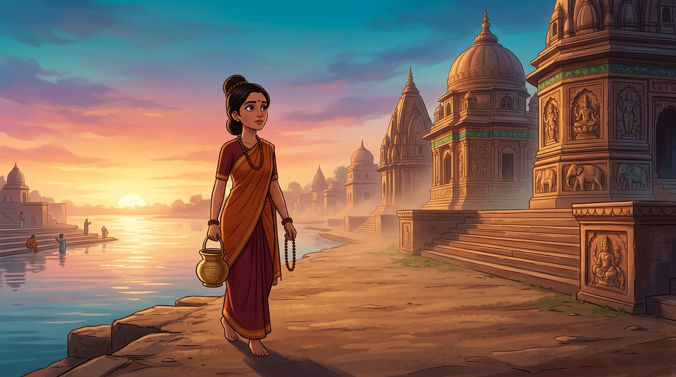 Somadatta walking along the holy Ganga with brass kamandalu performing austerities