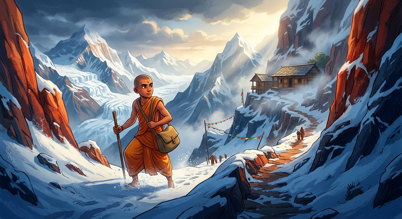 Hariswami climbing snow-clad Himalayan mountain passes seeking immortal sages