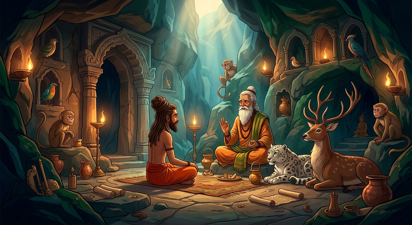 Hariswami taking shelter in a mystical cave with a venerable hermit sage