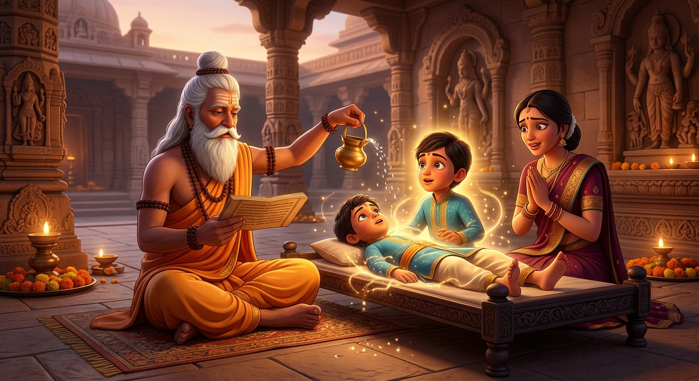 The sage reading a sacred manuscript and sprinkling water resurrecting a dead child in golden light