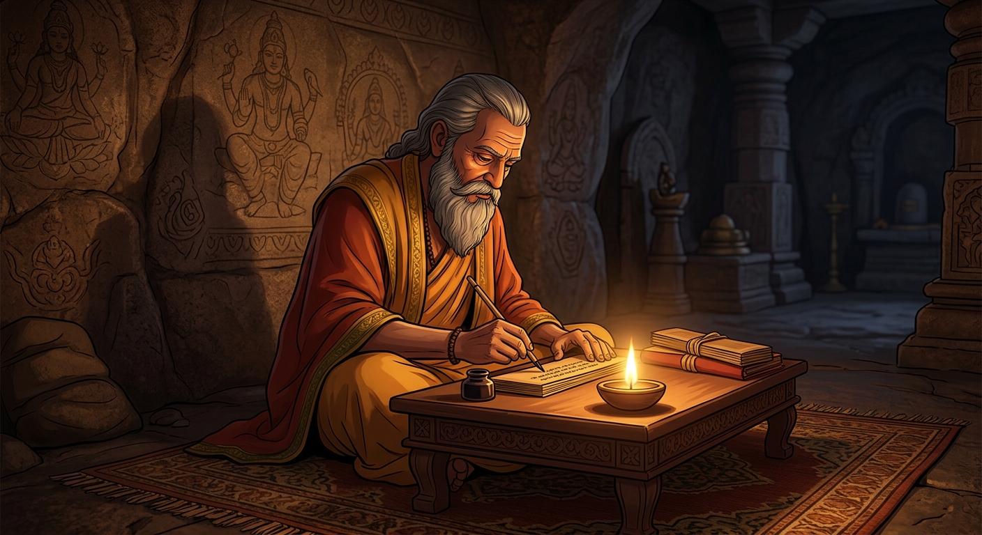Hariswami reverently memorizing and copying the sacred Sanjeevani mantra
