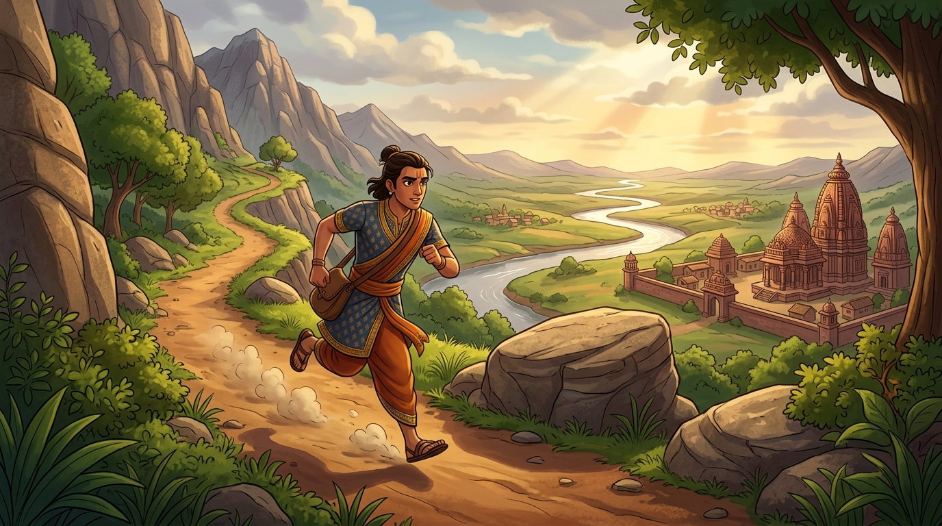 Hariswami running tirelessly across mountain trails and river plains back to Brahmashthala