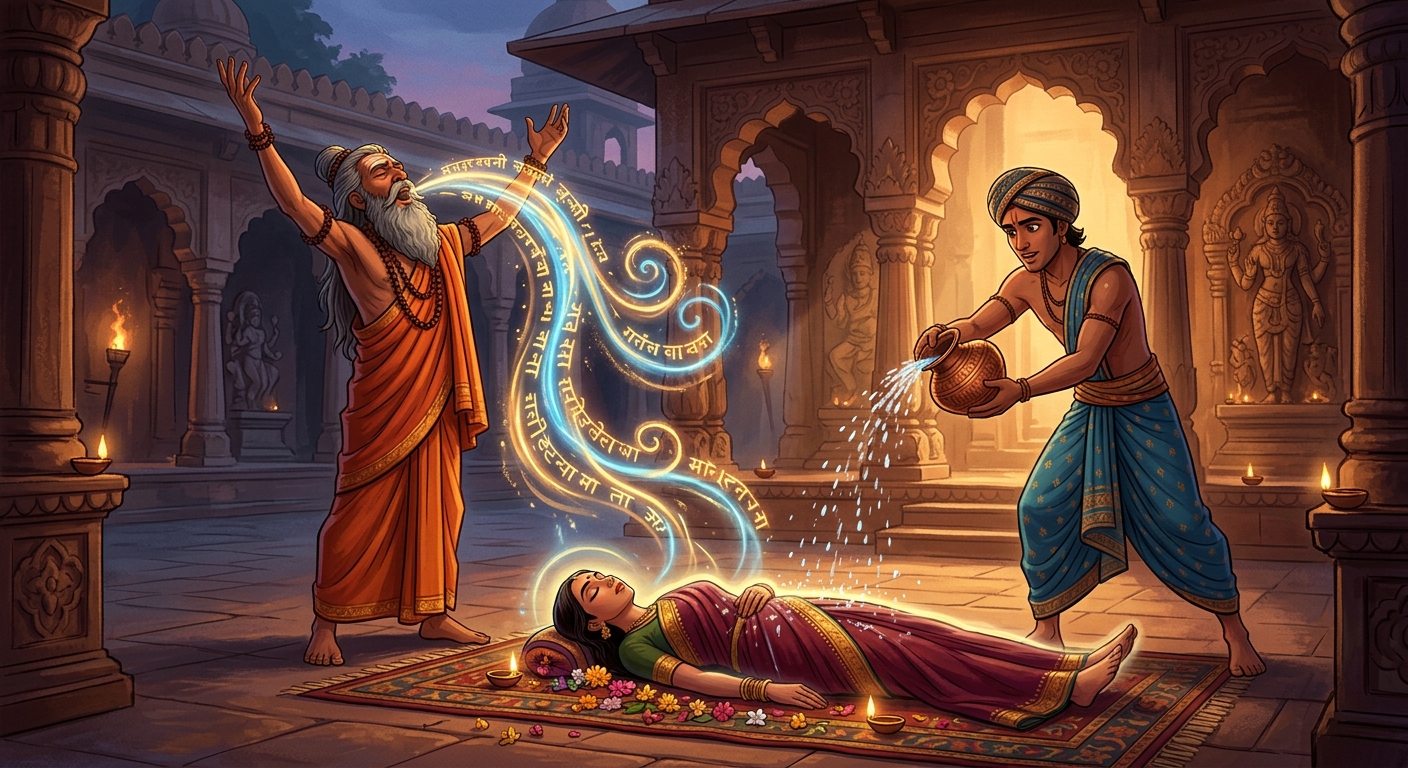 Hariswami chanting the Sanjeevani mantra while Somadatta sprinkles holy Ganga water