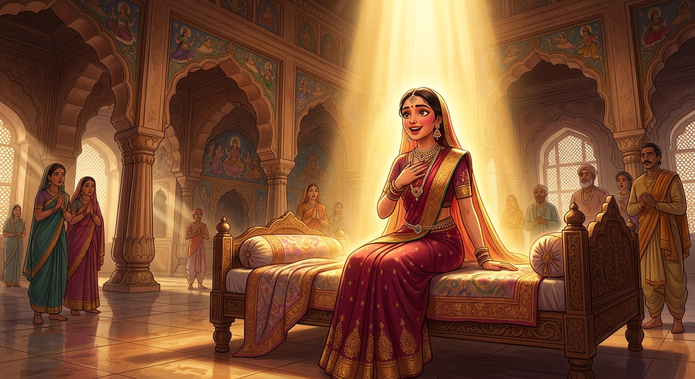 Divine golden radiance enveloping Mandaravati as she awakens alive and whole