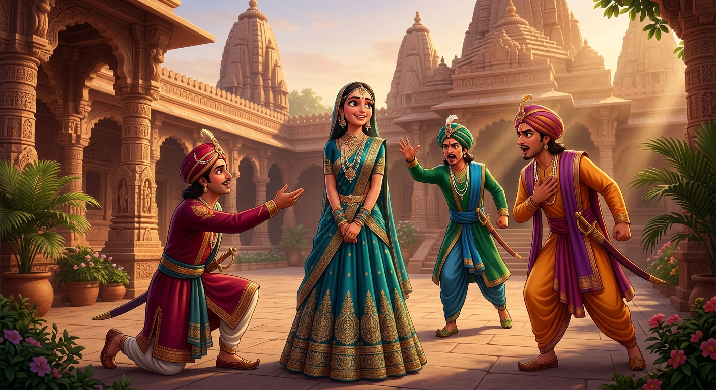 Mandaravati smiling in wonder while all three suitors passionately claim her hand