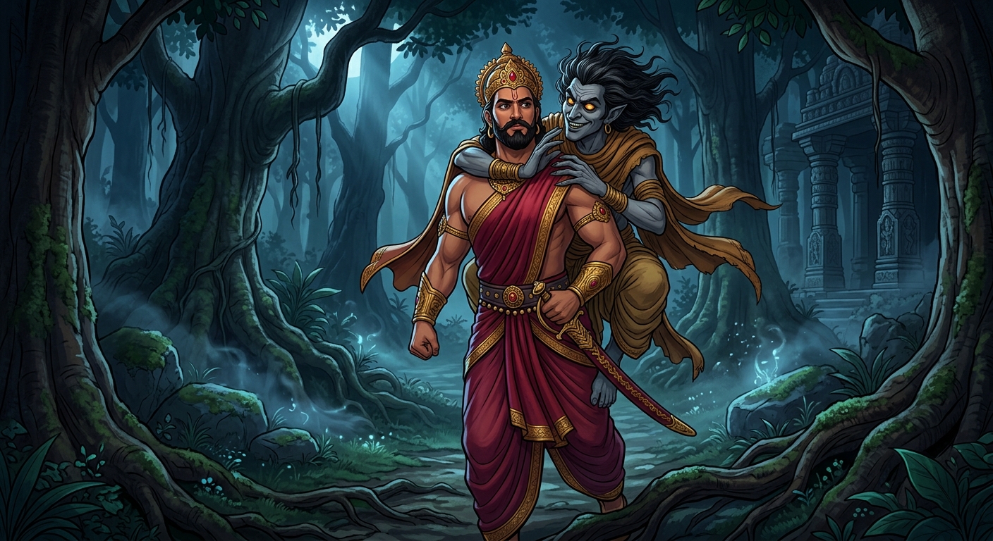 In the midnight forest Betal whisper-challenging King Vikramaditya