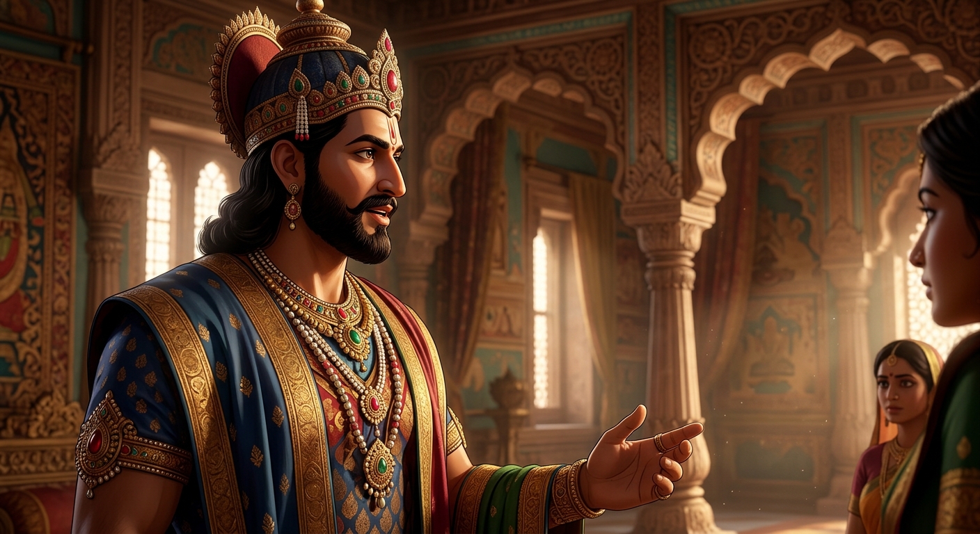 Heroic close-up of Emperor Vikramaditya delivering his master verdict on Father, Son, and Husband