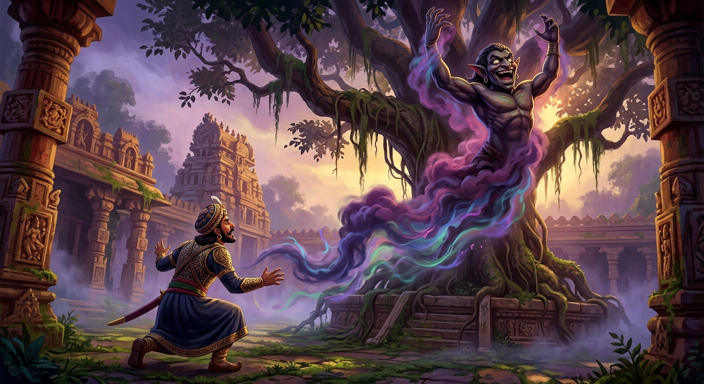 Betal laughing triumphantly as his corpse-form dissolves into smoke and flees back to the tree