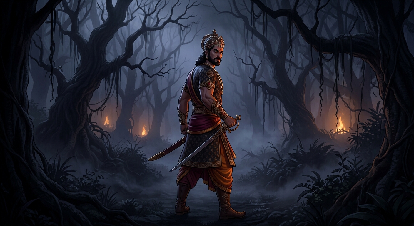 King Vikramaditya standing resolute in the dark moonless Amavasya jungle turning back to retrieve Betal