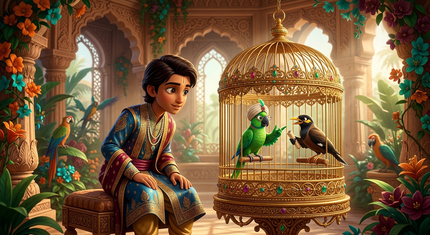 The scholar parrot Vidagdha and wise myna Somika arguing in their royal cage before the prince
