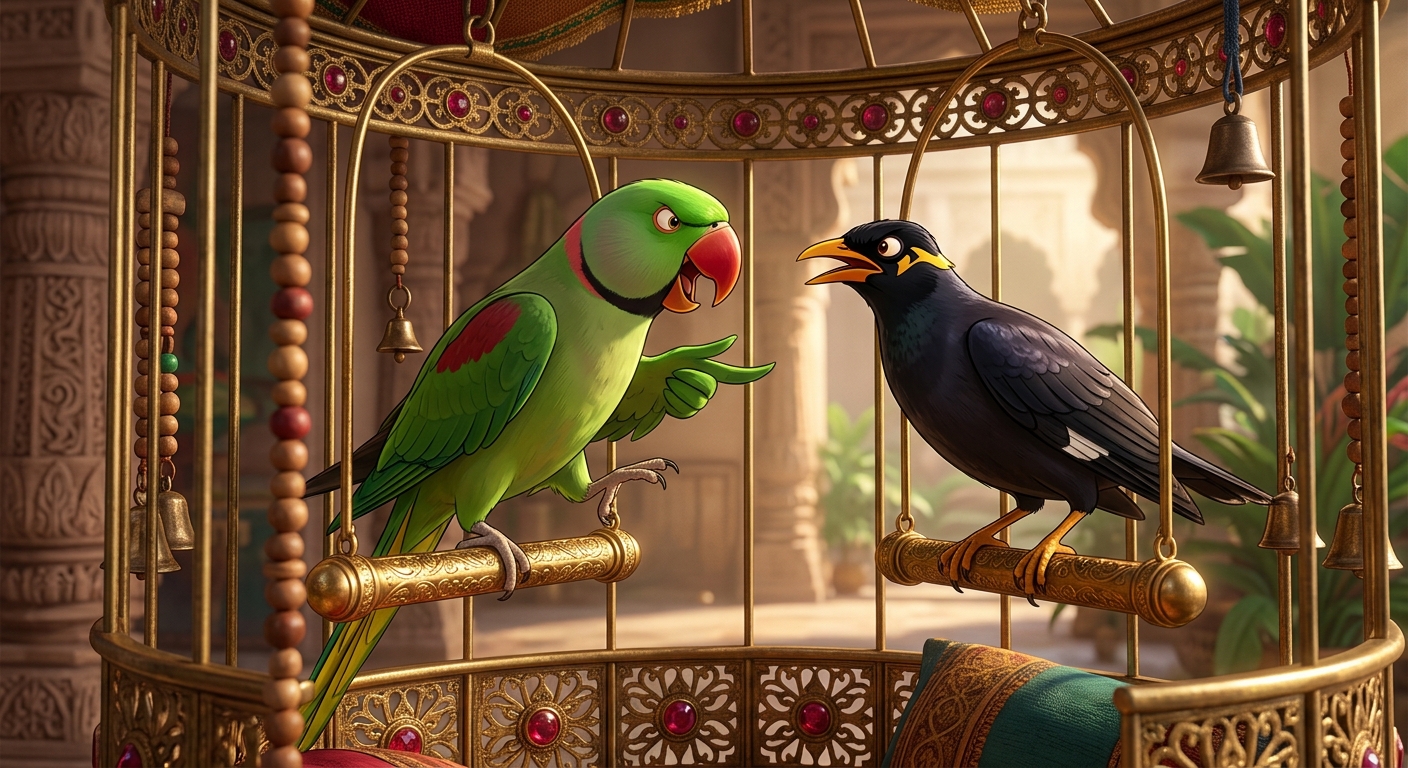 The parrot and myna perched in the golden cage making their binding wager