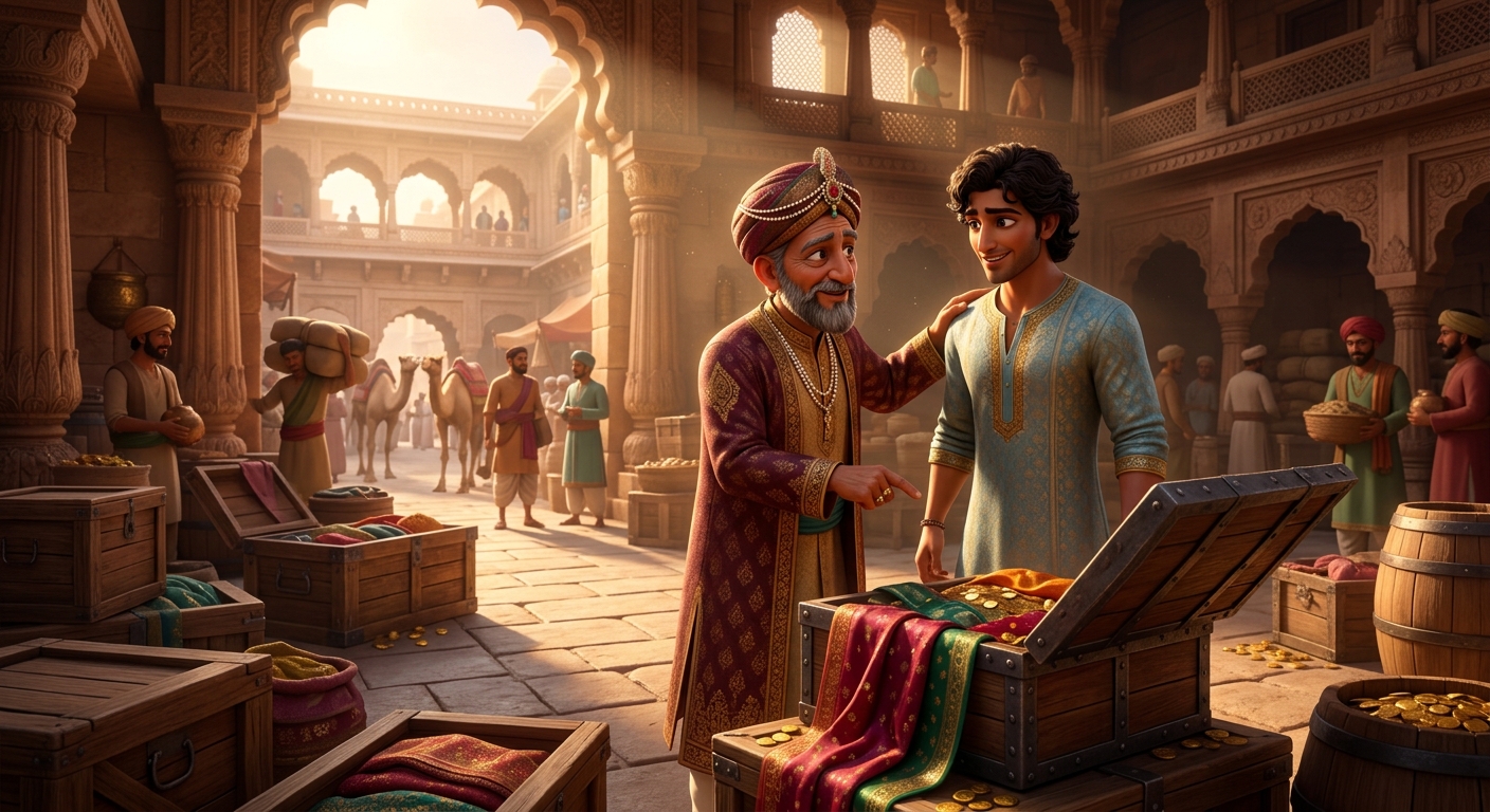 Merchant Arthadatta with his young son Dhanadatta in the prosperous trading city of Kamandika