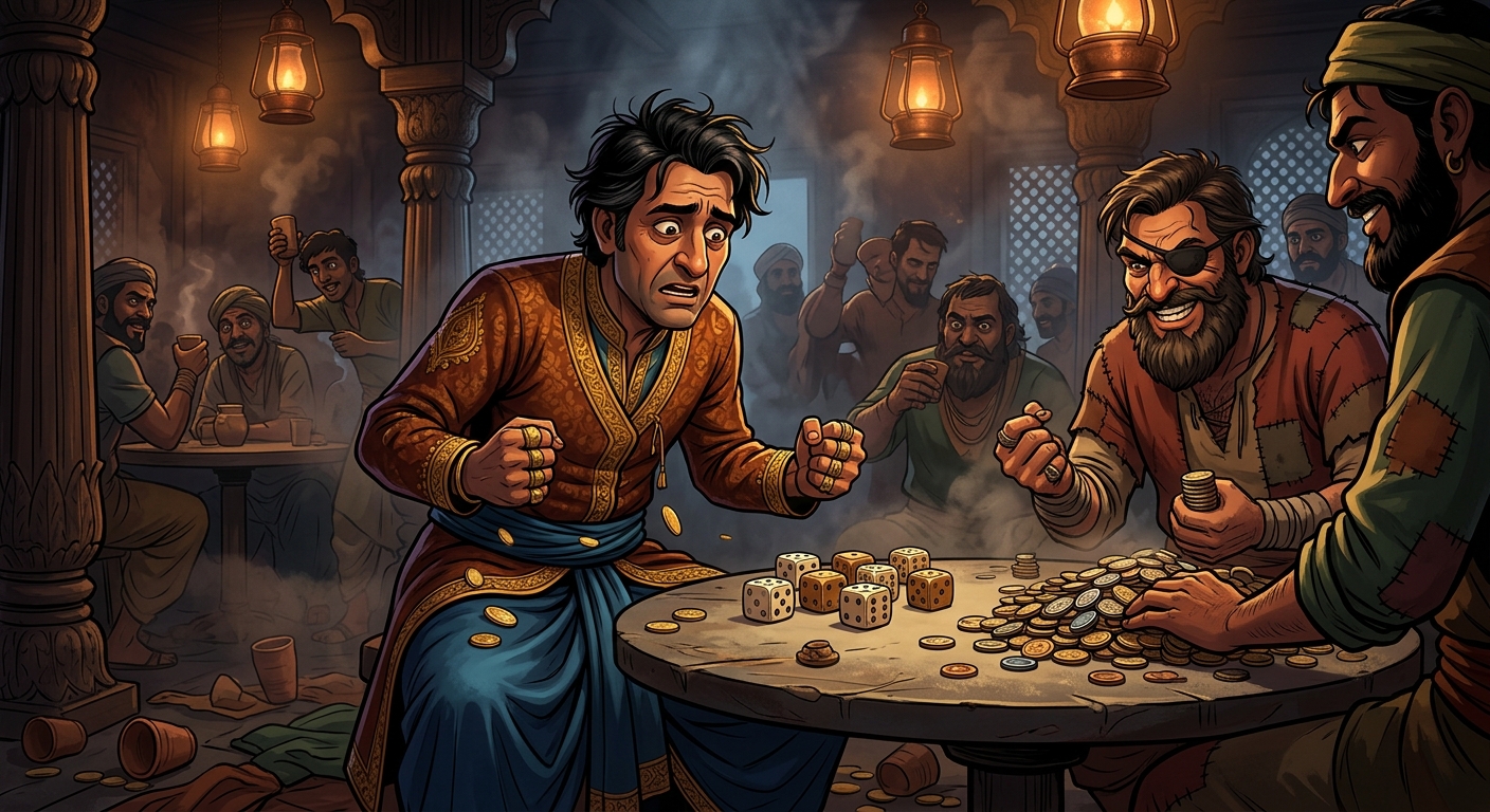 Dhanadatta losing his fortune on the dice table in a smoky gambling tavern