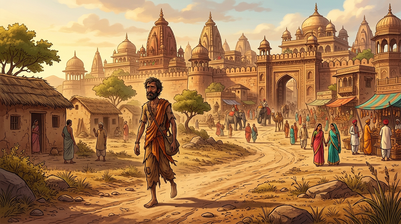 Penniless Dhanadatta wandering through dusty roads into the trading town of Chandanpur