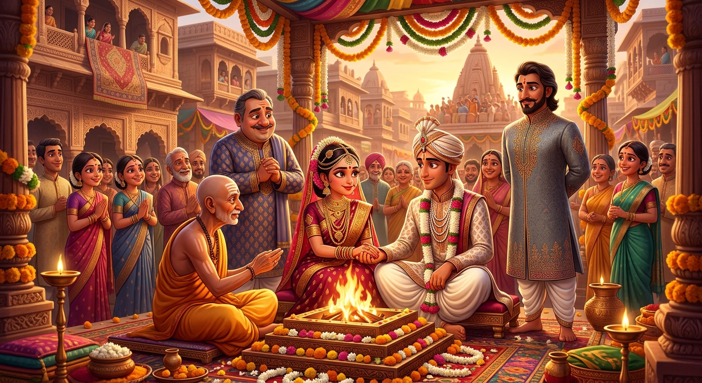 Traditional Vedic wedding between Dhanadatta and wealthy merchant's daughter Ratnavati