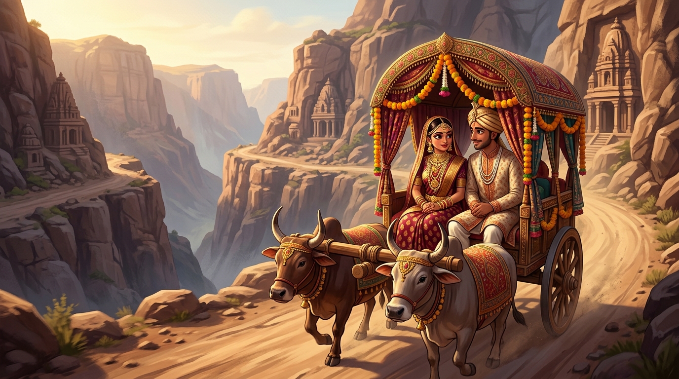 Dhanadatta and Ratnavati traveling in bullock cart through lonely wilderness canyon