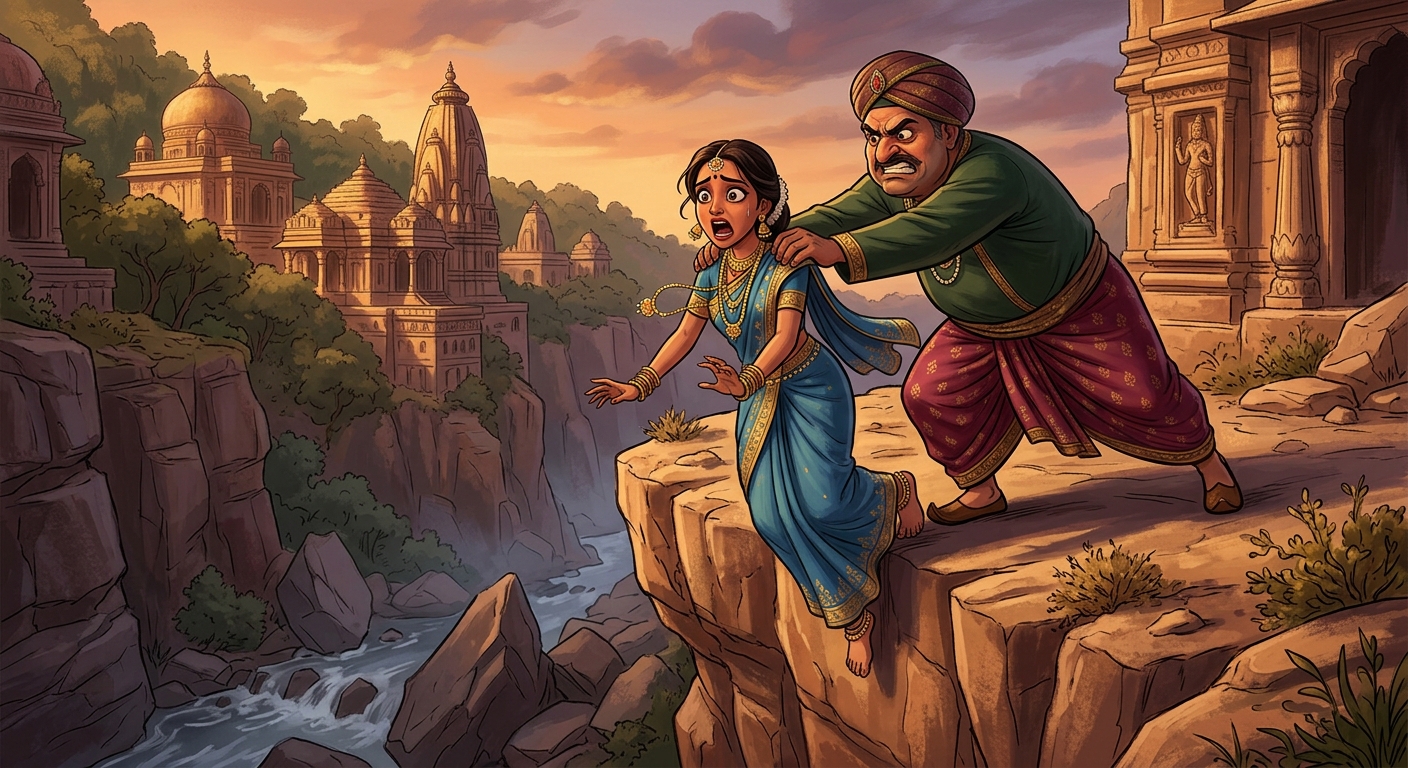 Greedy Dhanadatta pushing the screaming Ratnavati off a cliff edge into a rocky ravine