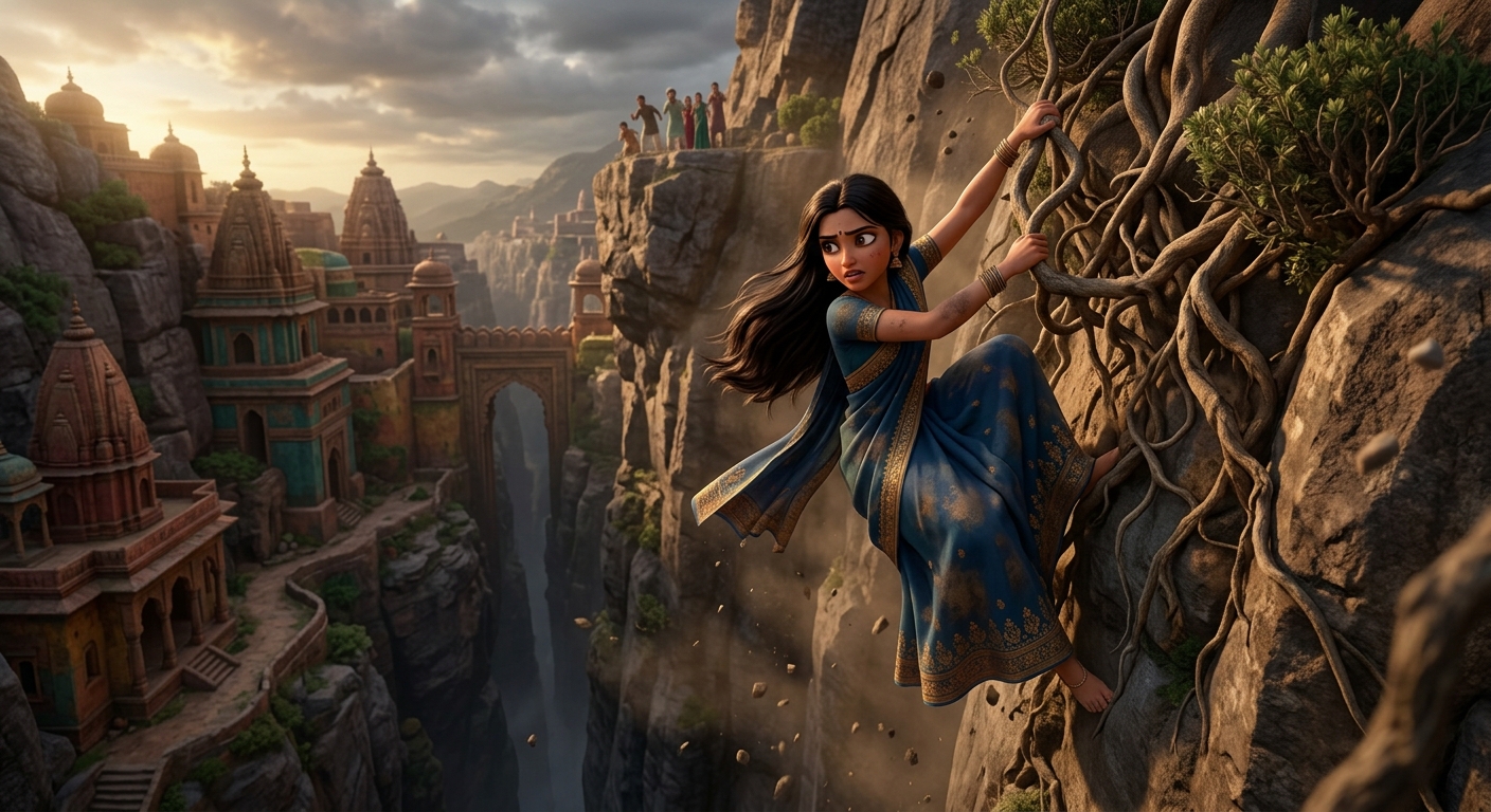 Ratnavati catching onto tangled mountain roots and shrubs along the cliffside