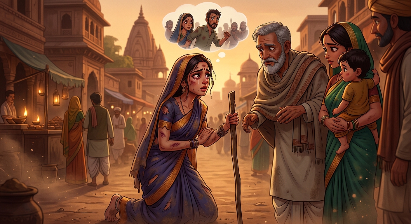 Bruised Ratnavati tearfully lying to passing travelers to protect her husband's honor