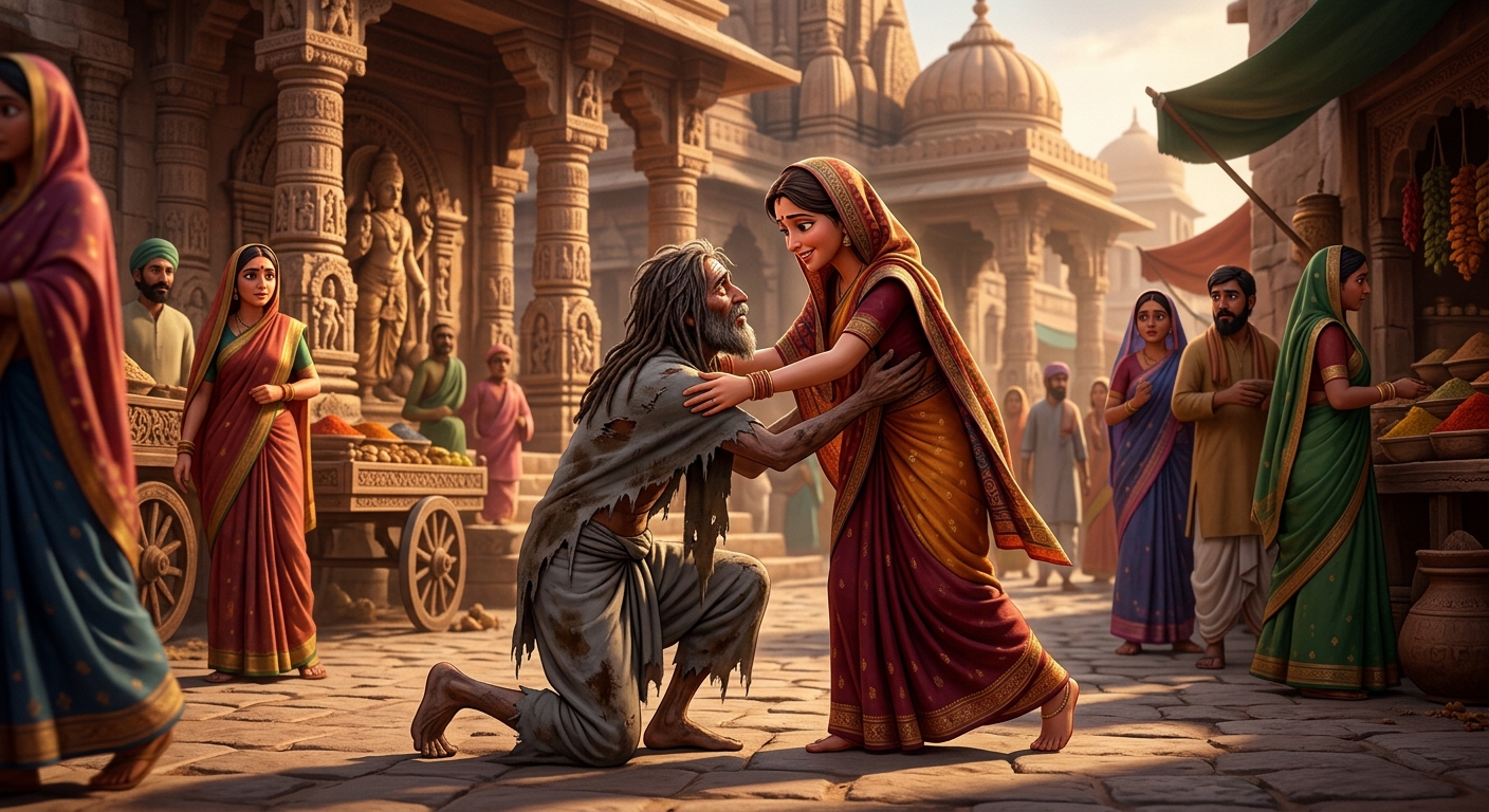Years later destitute Dhanadatta arriving begging and Ratnavati embracing him with forgiveness