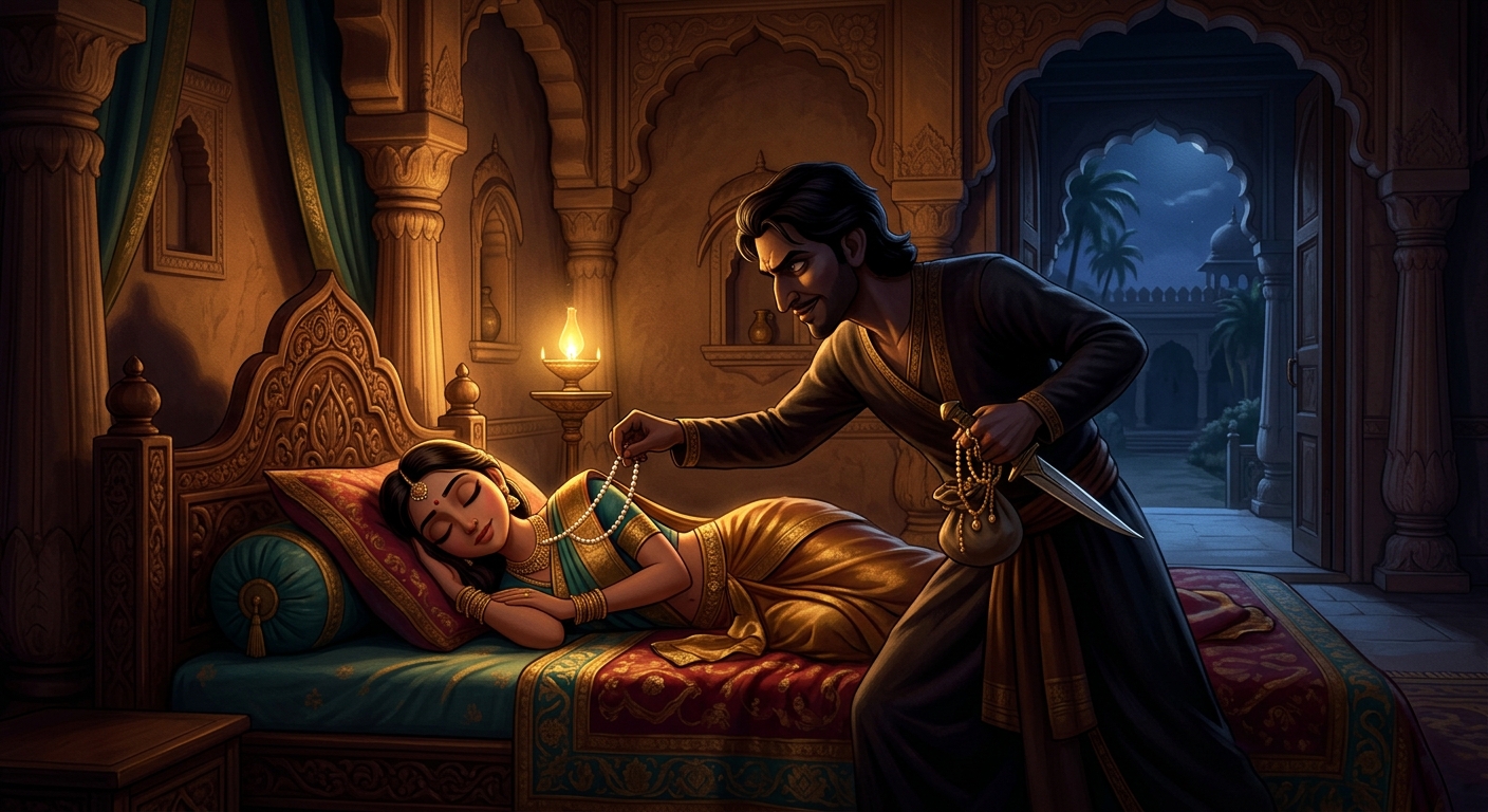 Wicked Dhanadatta creeping over the sleeping Ratnavati with a dagger to steal remaining gold