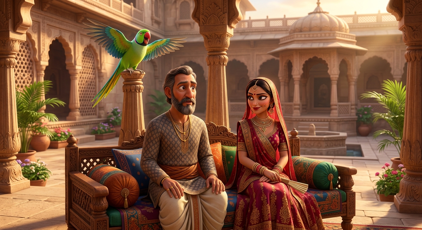 Palace courtyard in Harshavati where merchant Samudradatta is seated with his wife Vasudatta