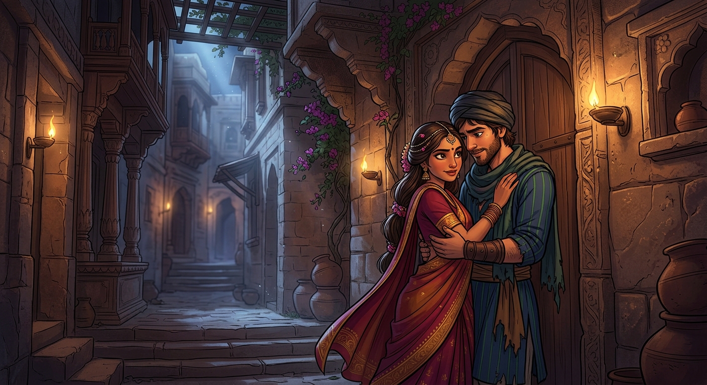 Vasudatta secretly meeting her rogue lover in a secluded alley while her husband sleeps
