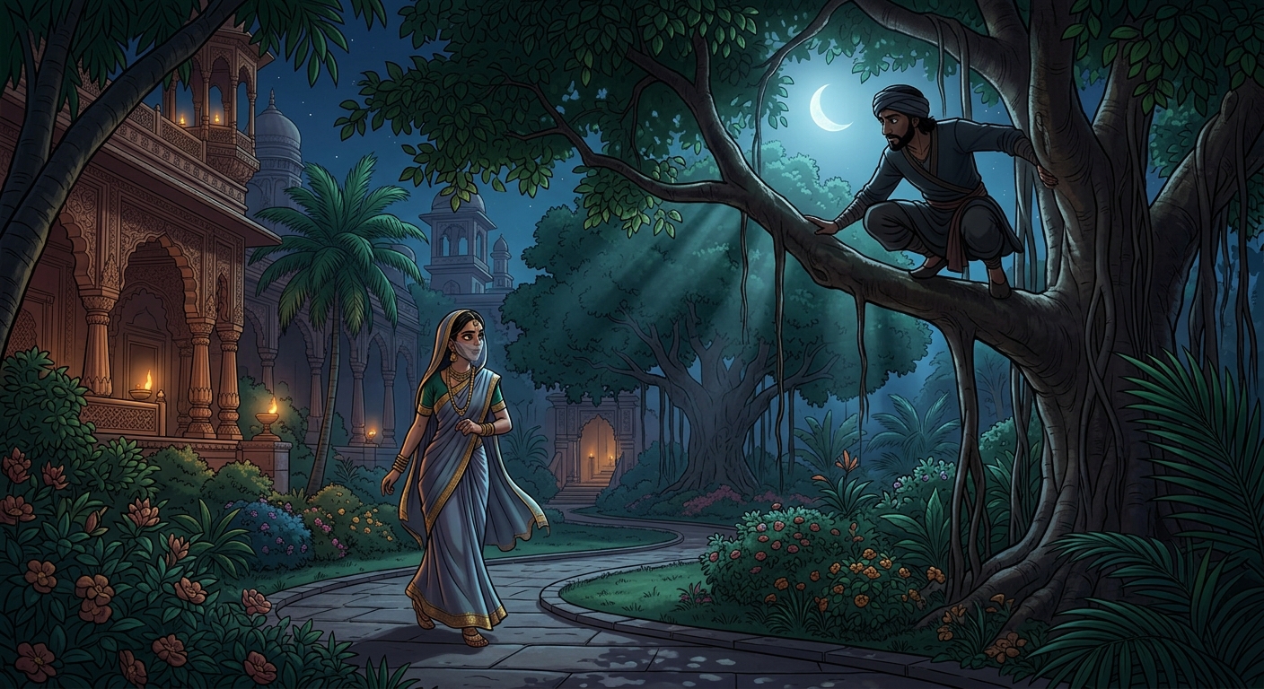 Vasudatta walking secretly through royal pleasure garden while a thief watches from trees