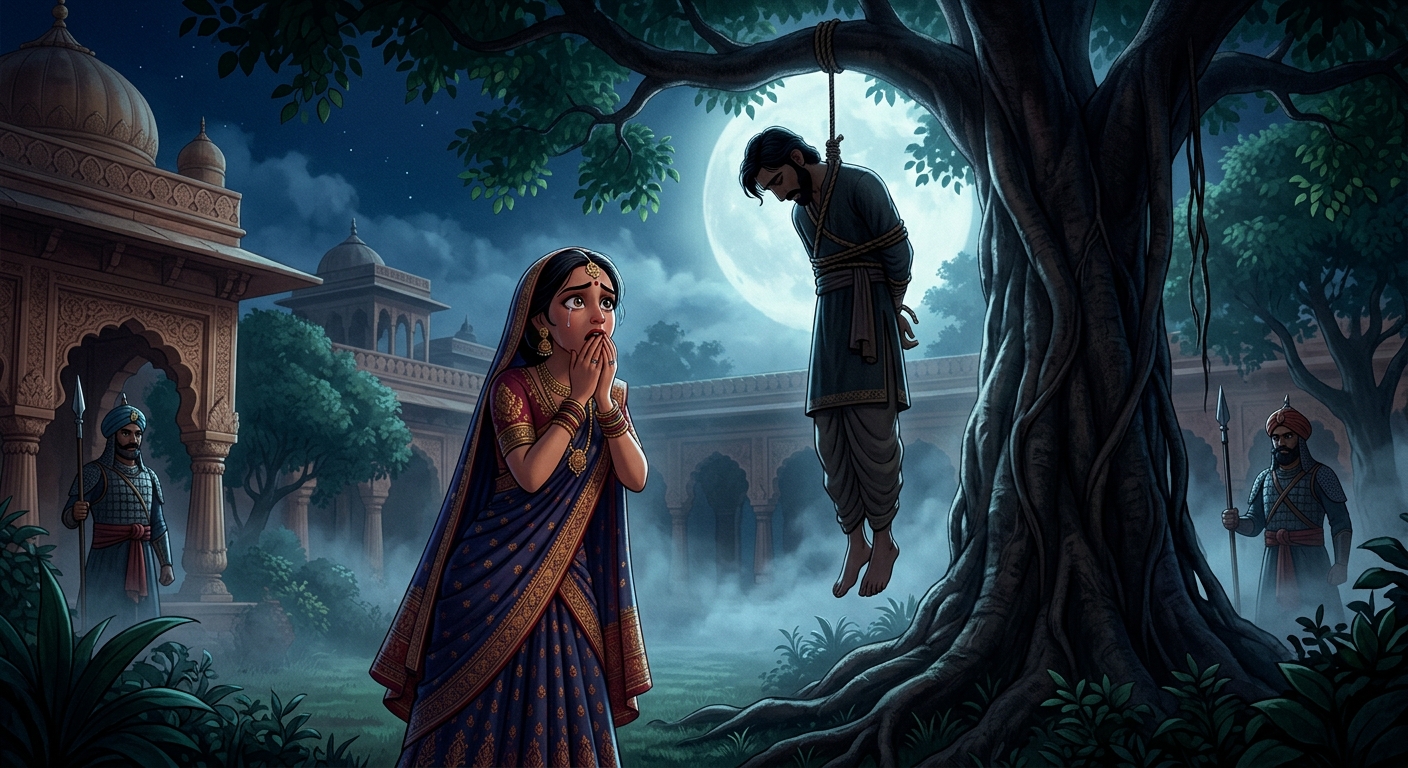 Vasudatta discovering her lover hanged from a tree branch by the royal watchmen