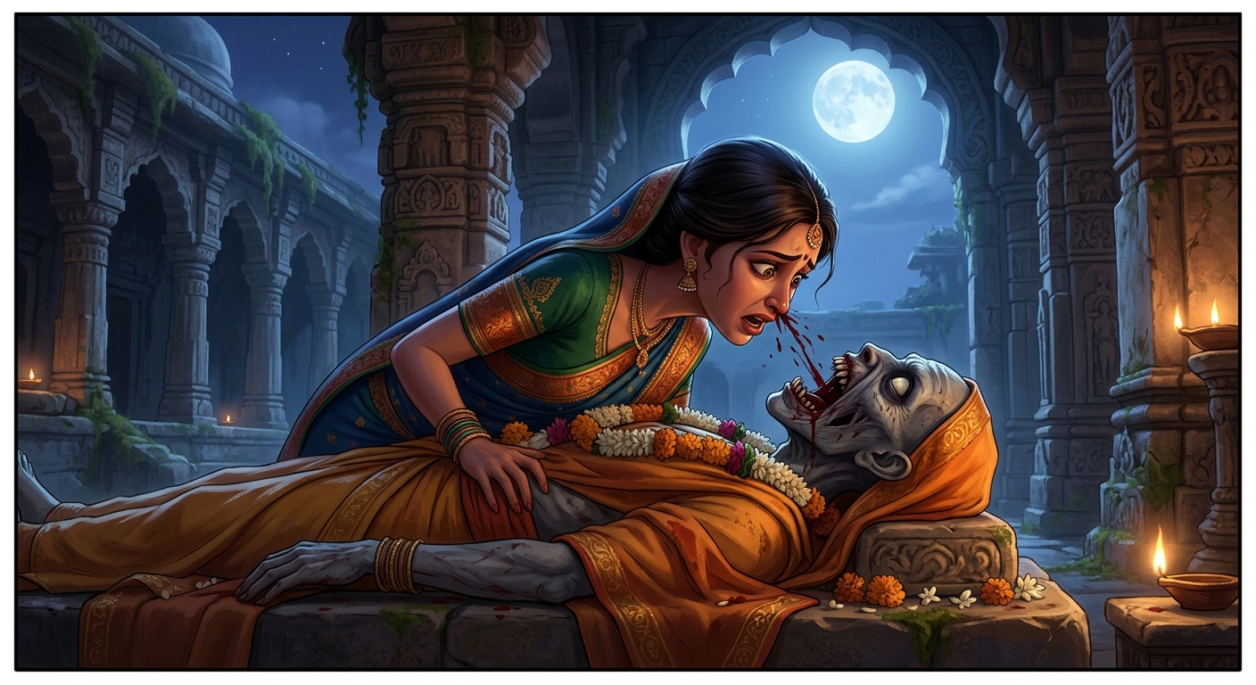 The spectral corpse biting off Vasudatta's nose in the moonlight as she screams in horror
