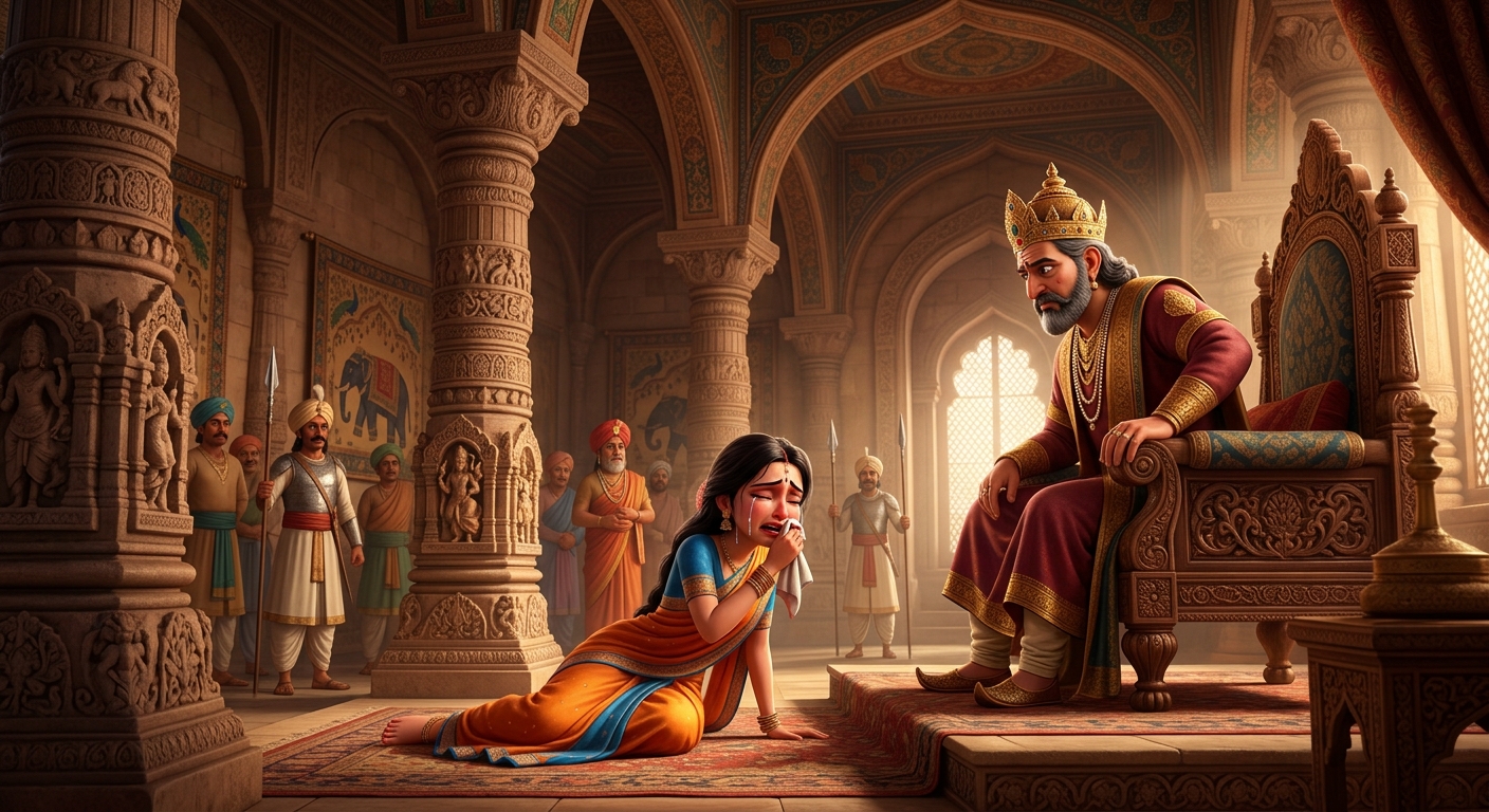 Bleeding Vasudatta falsely accusing her innocent sleeping husband before the King