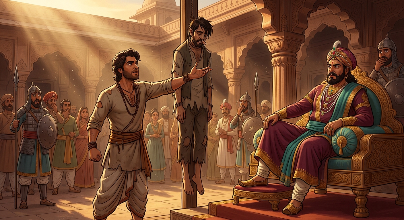 The honest thief stepping forward before the King presenting the corpse with the severed nose