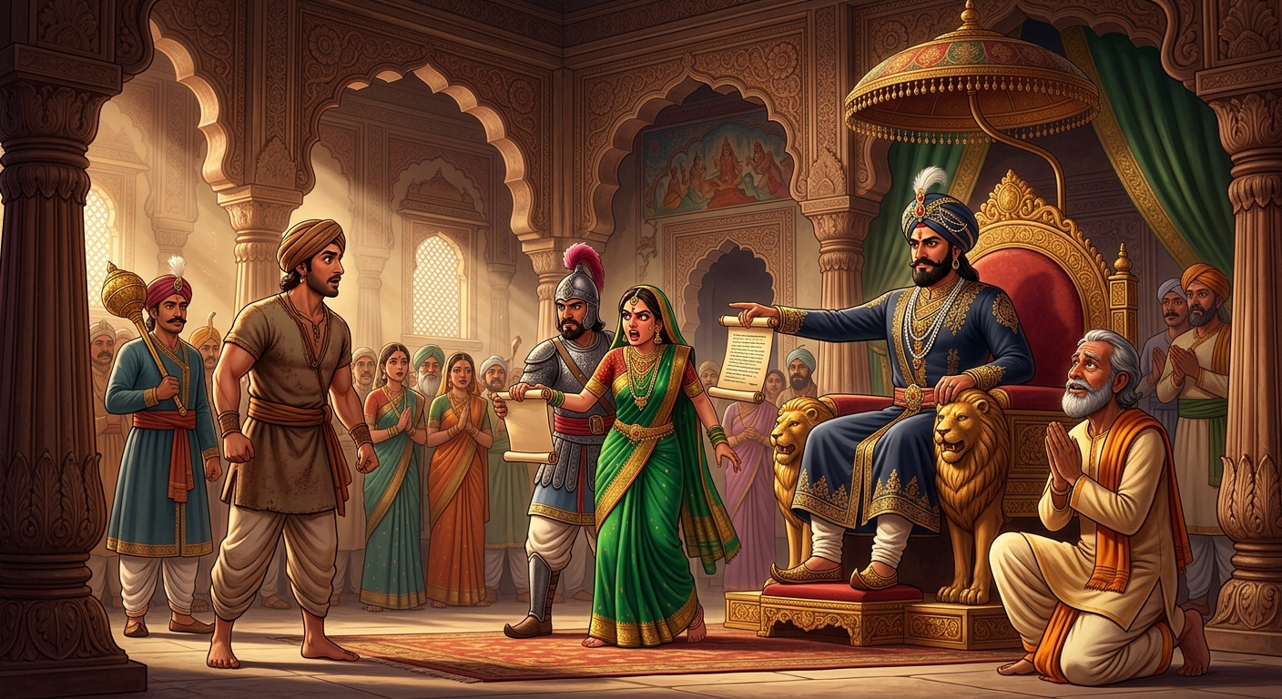 The King vindicating the innocent husband exiling the deceitful wife and rewarding the thief