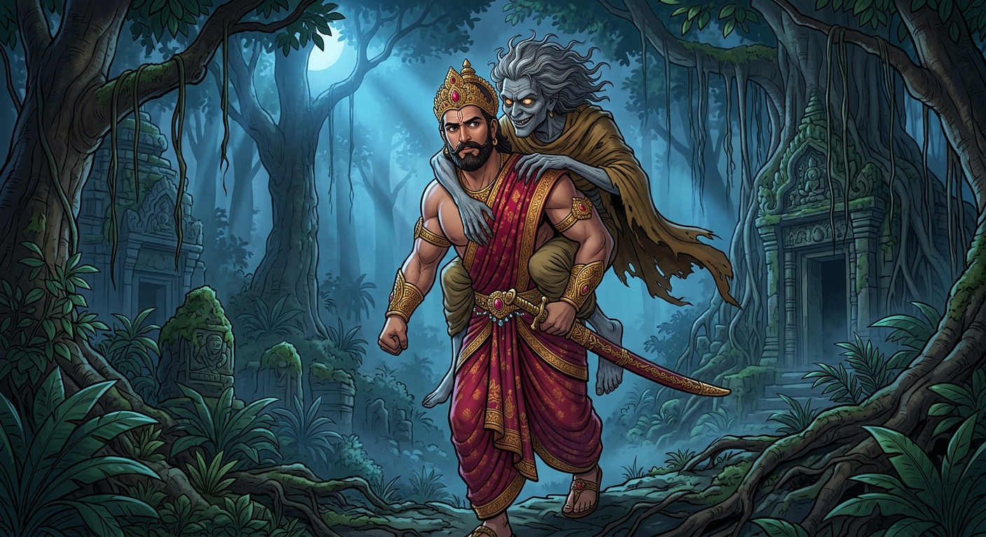In the midnight forest Betal whisper-challenging King Vikramaditya on the wager of sexes
