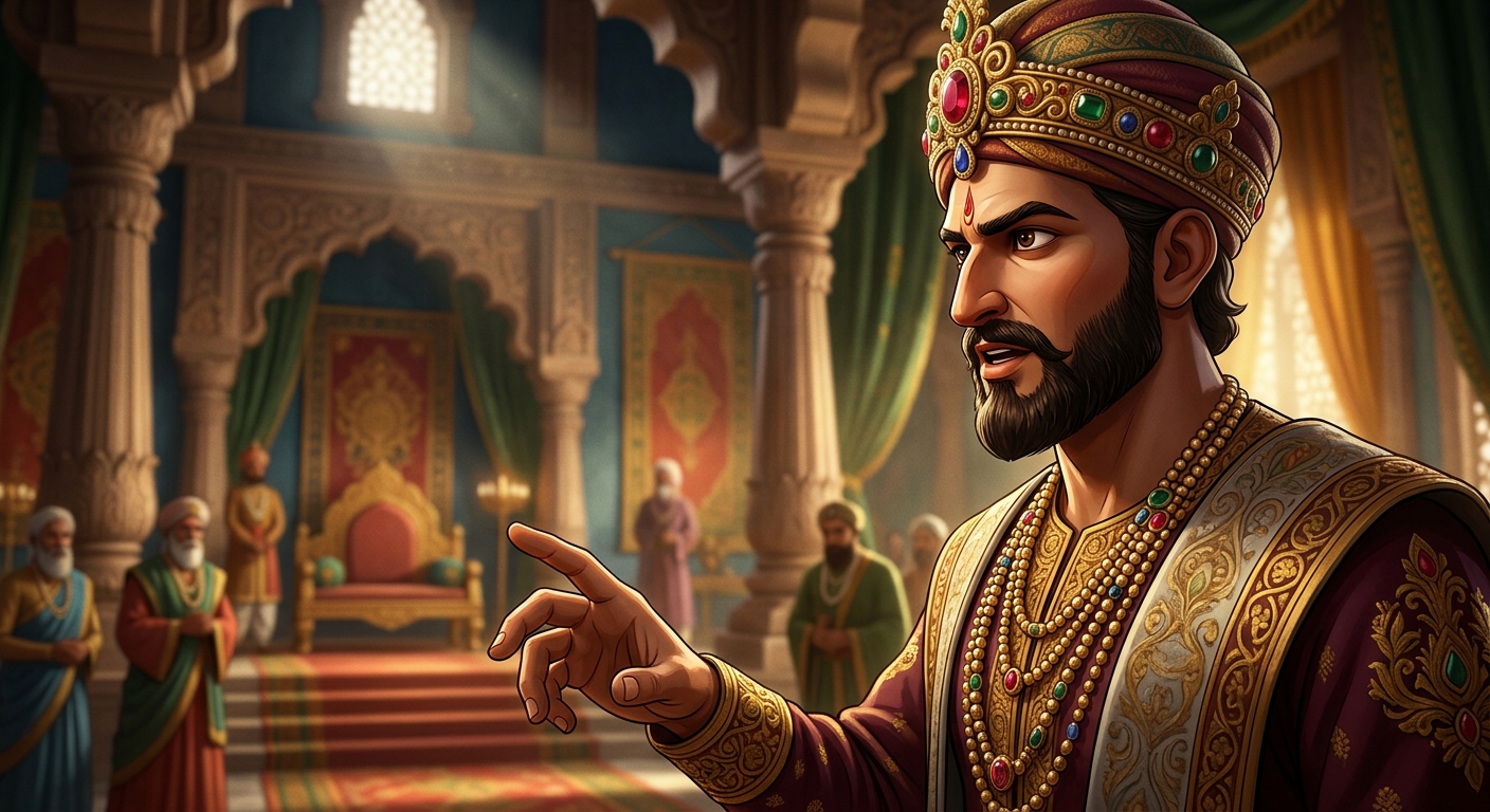 Heroic close-up of Emperor Vikramaditya delivering his master philosophical verdict