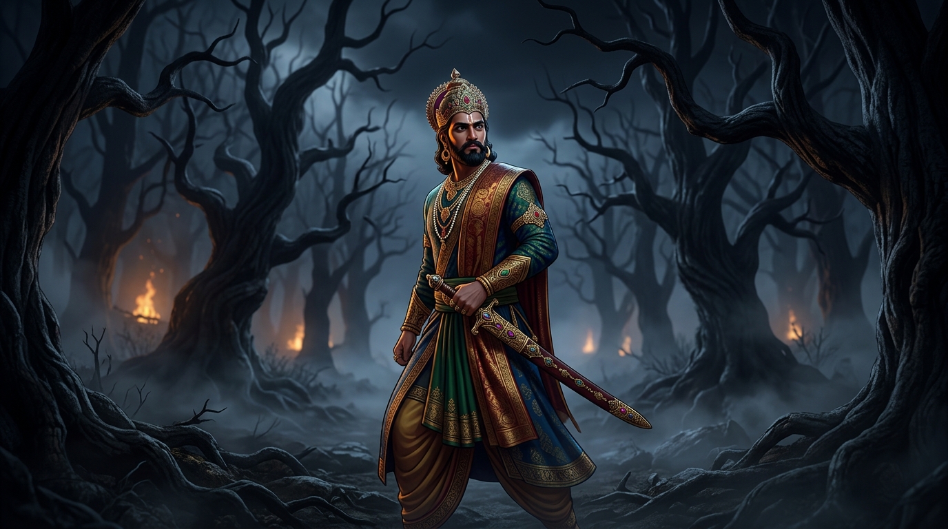 King Vikramaditya standing resolute in the dark moonless Amavasya jungle turning back to retrieve Betal
