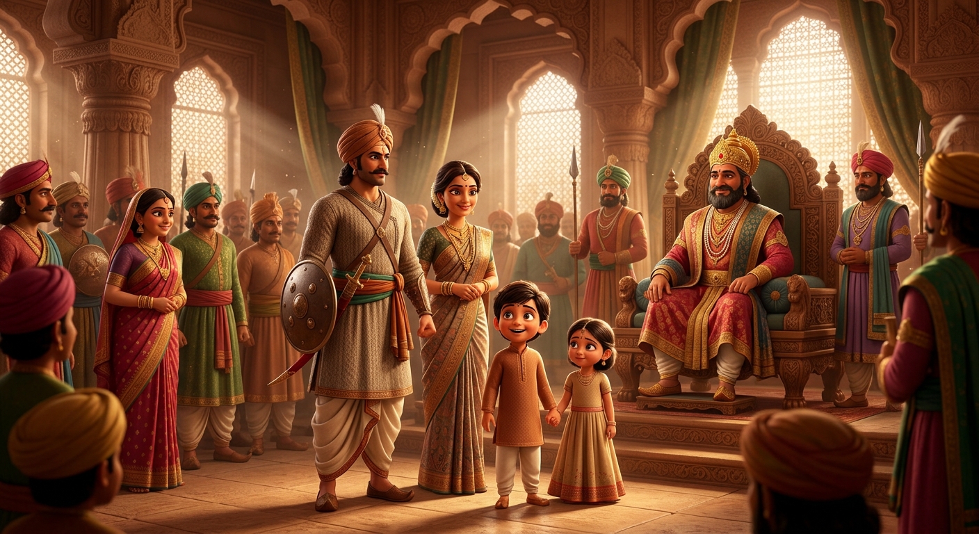 Valiant Rajput warrior Veervara with his wife Dharmavati and brave children standing before King Shudraka