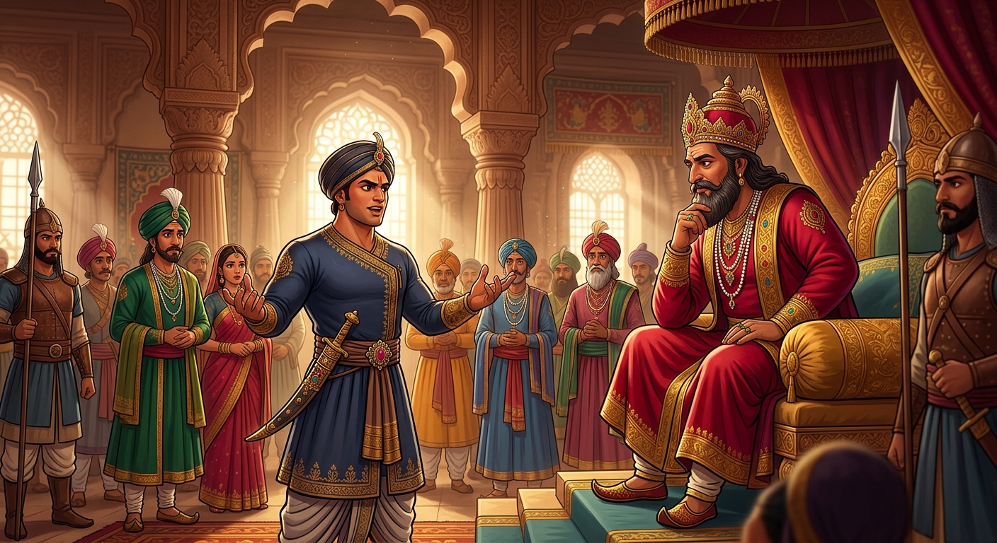 Veervara boldly stating his daily wage of 500 gold coins before King Shudraka