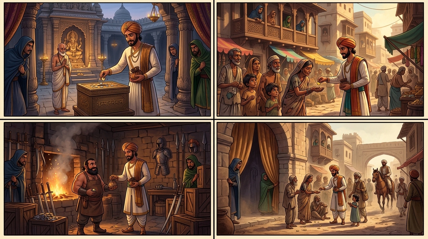 Royal spies watching Veervara distribute his 500 daily coins in sacred charities