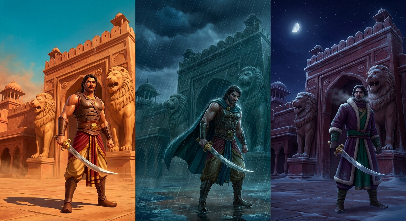 Veervara standing guard with gleaming sword at the palace lion-gate through severe weather